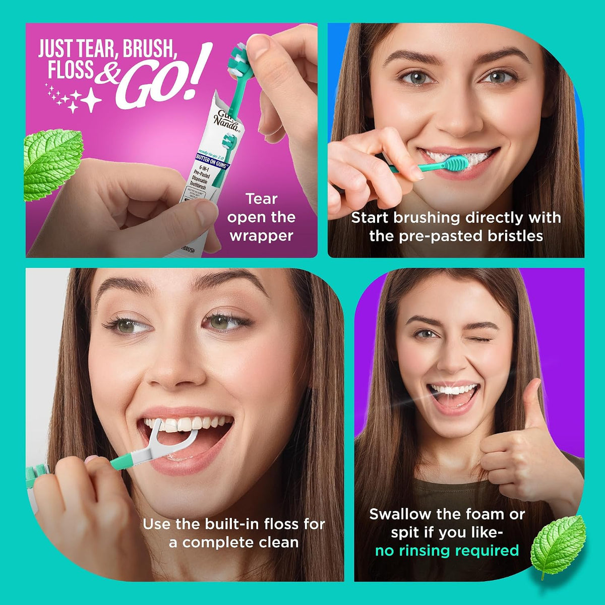 GuruNanda Disposable Travel Toothbrush 2.0, Fluoride Free Toothpaste, 21 ct | 6-In-1 Ready-To-Go Soft Toothbrushes