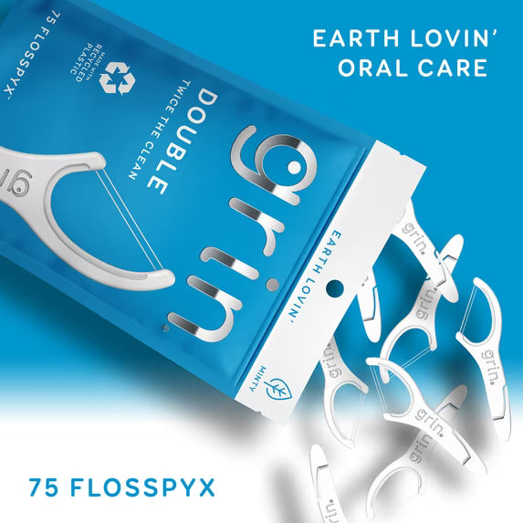 GRIN Double Flosspyx Floss Picks, Mint Flavor, 75 Count, Recycled Plastic, 2-Line Floss