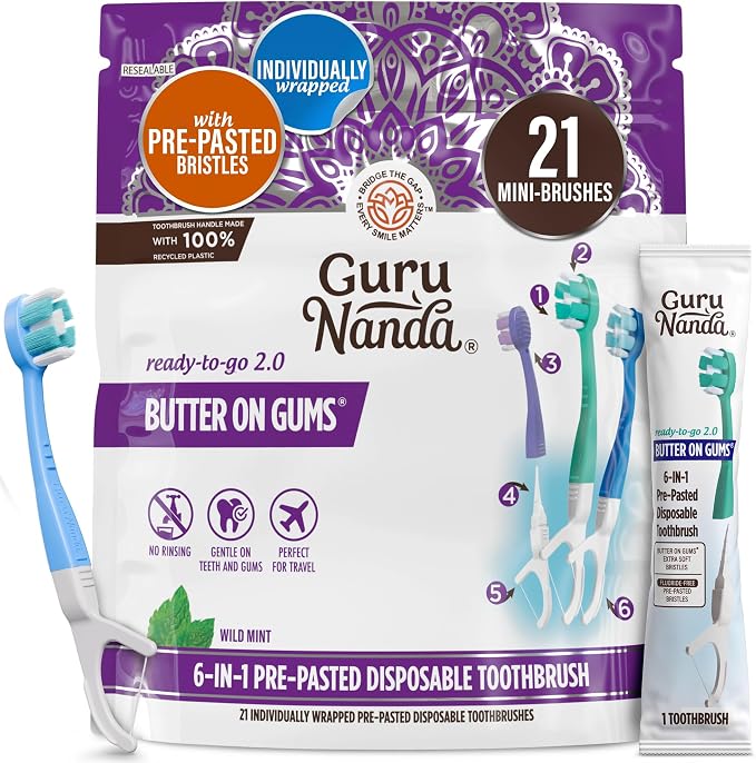 GuruNanda Disposable Travel Toothbrush 2.0, Fluoride Free Toothpaste, 21 ct | 6-In-1 Ready-To-Go Soft Toothbrushes