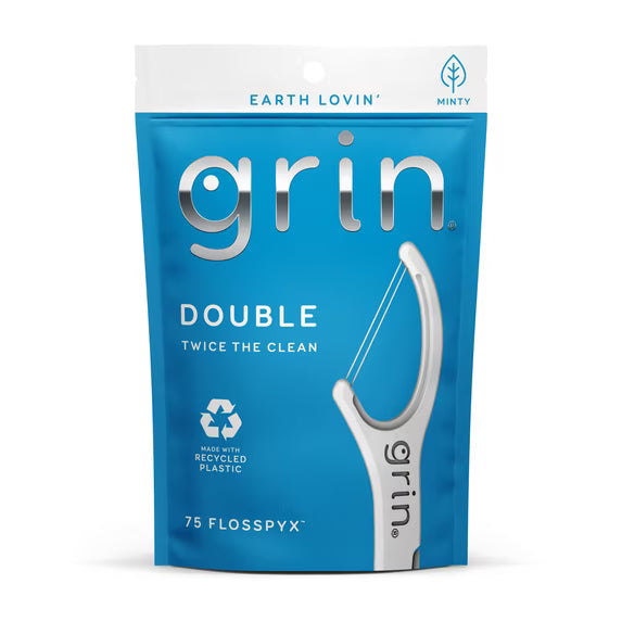 GRIN Double Flosspyx Floss Picks, Mint Flavor, 75 Count, Recycled Plastic, 2-Line Floss