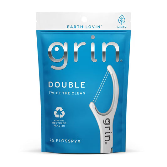GRIN Double Flosspyx Floss Picks, Mint Flavor, 75 Count, Recycled Plastic, 2-Line Floss