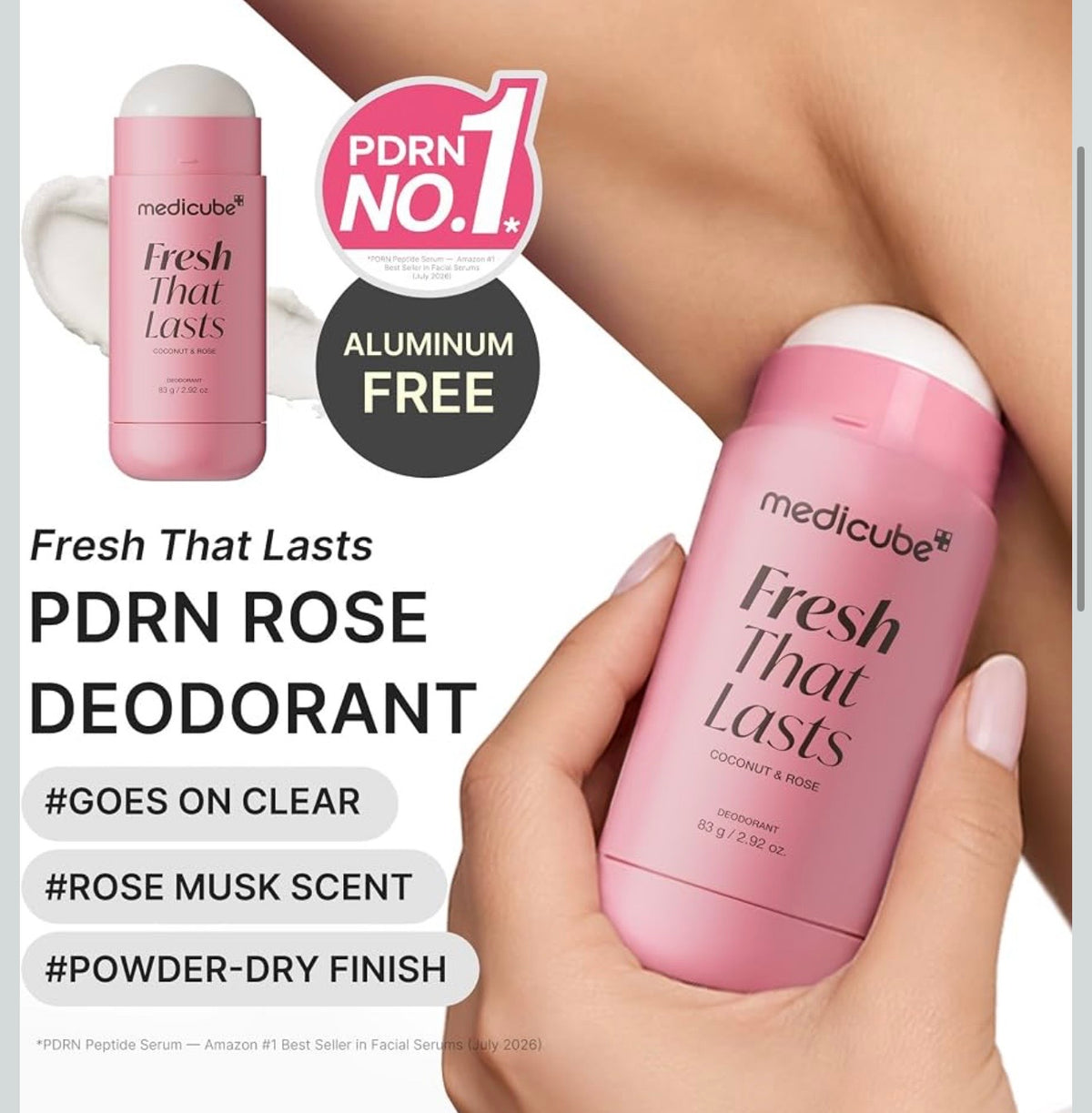 medicube Deodorant with PDRN, Rose Musk Scent, Fresh Odor Control, 2.92 oz